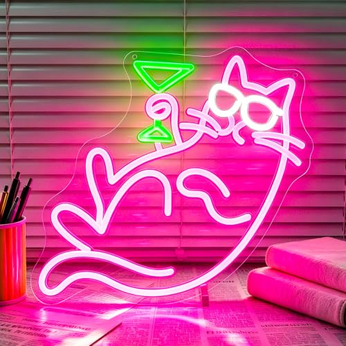 Image of Whfobfe Pink Neon Sign Led Neon Lights Signs for Wall Decor USB Powered Led Signs for Room Decoration-Cocktail Cat