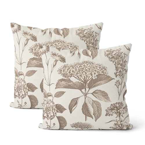 Vintage Brown Pillow Covers 24x24 Inch 2 Pcs Boho Beige Floral Decor Throw Pillows Hydrangea Flower Seasonal Outdoor Farmhouse Neutral Accent Decoration Pillowcase Linen Cushion Cover for Couch