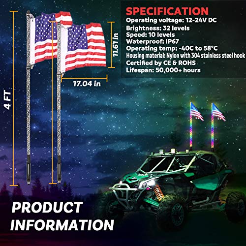 OHMU 2Pcs 4FT Led Whip Lights with Bluetooth and Remote,Upgraded Higher Brightness 360° Dancing Spiral RGB Chasing Offroad Warning Lighted Antenna LED Whips for UTV,ATV,Buggy Dune,RZR,Can-am,Boat