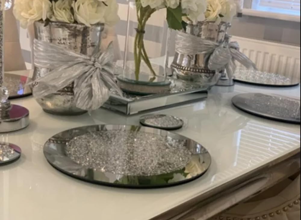 Deenz Silver Crystal Jewel Diamond And Mirror Round Coasters Placemats Set Glitter Sparkle Full Crushed Diamante Jewel Home Decor (2 Placemats)