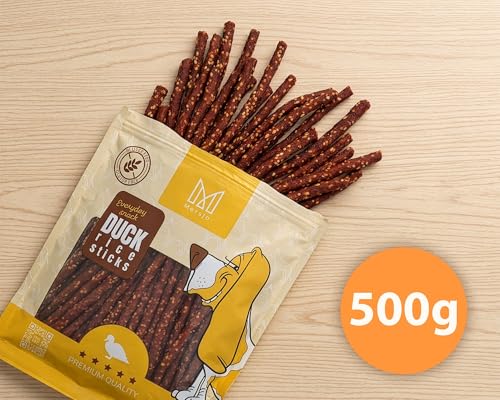 MERSJO Hundeleckerli - 83% Hoher Fleischanteil, Keine Zusatzstoffe, Getreide- und Zuckerfrei, Leckereien für Hunde zur täglichen Ergänzung, Natürliche Kauhilfe, Ente und Reis Kabanos, 500g