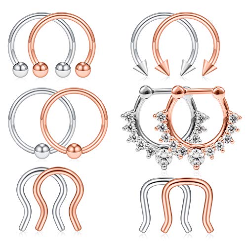 SCERRING 12PCS 16G 316L Stainless Steel Septum Hoop Nose Ring Horseshoe Rings Cartilage Daith Tragus Clicker Retainer Body Piercing Jewelry Silver and Rose Gold