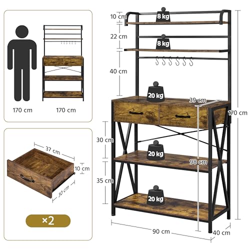 Yaheetech Baker's Rack Kitchen Storage Rack Microwave Oven Stand with 2 Drawers, 5-Tier Shelf and 6 S-Hooks, Industrial Coffee Bar Station, Metal Frame, 90x40x170cm, Rustic Brown - Image 3