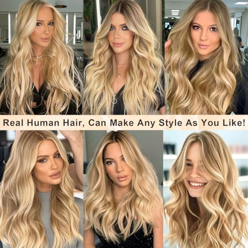 Image of Highlight Ombre 13x4 Lace Front Wig Human Hair 22 Inch Chocolate Brown to Bleach Blonde Highlights HD Transparent Lace Frontal Wigs Pre Plucked 180% Density Human Hair Lace Front Wigs for White Women
