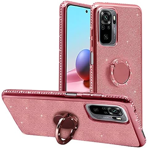 Amlope Case for Xiaomi Redmi Note 10, Glitter Diamond Bling case+ 360 Degree Ring Kickstand Soft TPU Silicone Protective Mobile Phone cover Cover