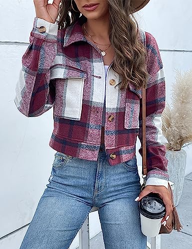 Women's Flannel Cropped Plaid Shacket Jacket Button Down Long Sleeve Shirts Tops3