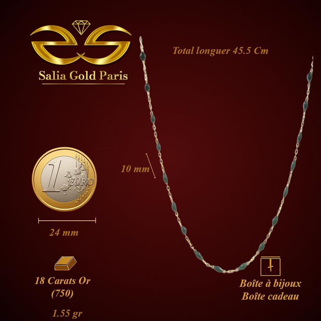 Collar de oro amarillo de 18 quilates - 1,55 gr Oro 750/1000 - Cadena delicada esmaltada verde gris - Elegancia atemporal - Salia Gold Paris
