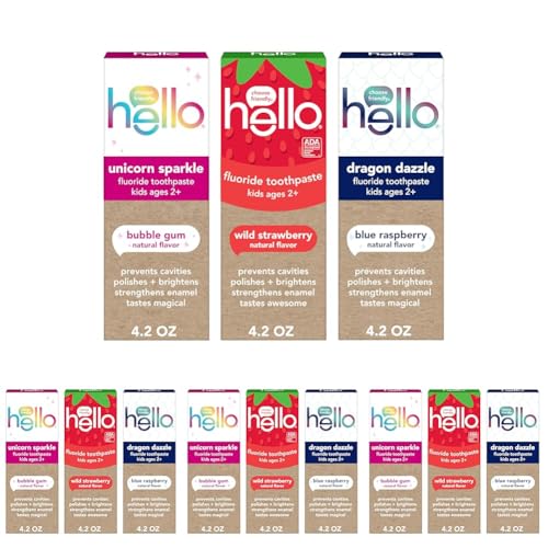 Image of Hello Kids Fluoride Toothpaste Variety Pack, Includes a Strawberry Toothpaste, Unicorn Bubble Gum Toothpaste, and Blue Raspberry Toothpaste, Safe for Ages 2 and Up, 12 Pack, 4.2 Oz Each