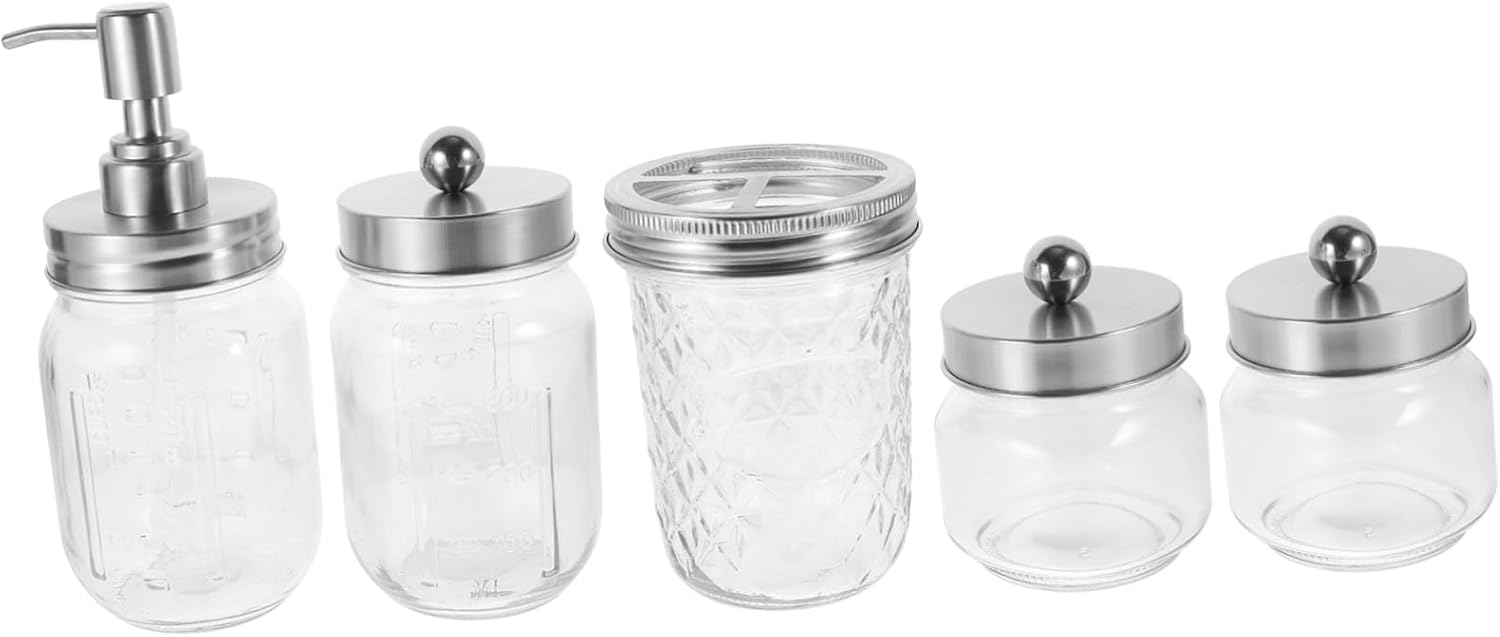 Ciieeo 5pc Jar Bathroom Accessory Set Soap Dispenser Toothbrush Holder Lotion Shampoo Bottles Reusable Rust-Free