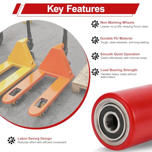 Image of Two Packs of Pallet Jack /Truck Wheels 3 inch x 3.75 inch PU Poly Tread, 20mm ID Bearings, Full Set with Axles, Pins and Entry Exit Roller