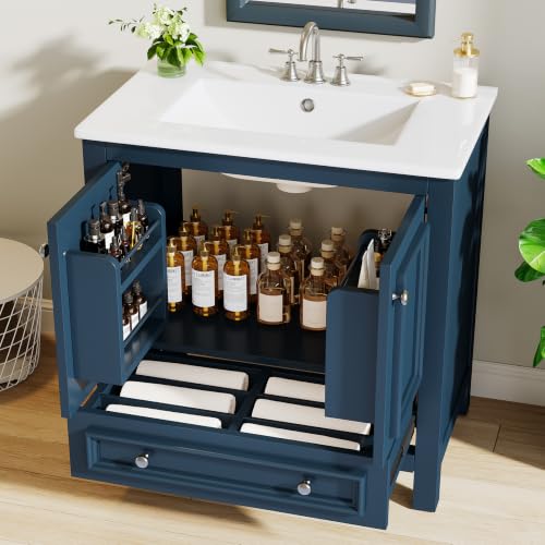 Image of Tribesigns 30 inch Bathroom Vanity with Sink, Freestanding Bathroom Vanities Cabinet with Ceramic Basin Combo, Bathroom Sink Cabinet with 2 Doors and 1 Drawer, Solid Wooden Frame (Misty Blue, 30 INCH)