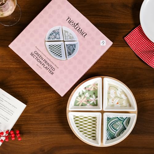 Image of Nestasia Ceramic Serving Platter Set | 4 Small Sectioned Plates with 1 Circular Wooden Tray | 100% Food Safe Serving Tray Set - Perfect for Serving Sweets, Dips, Dry Fruits & Snacks (Green & White)
