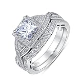 BL Jewelry Sterling Silver 2 Pieces Princess Cut Cubic Zirconia Cross Shank Halo Style Engagement Ring Bridal Set