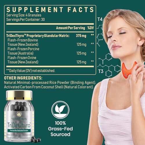 Image of Thyroid Supplement - TriDexThyro Raw Desiccated Thyroid Complex 375 mg with Bovine, Porcine & Ovine -180 Capsules for Women and Men(3 Pack)
