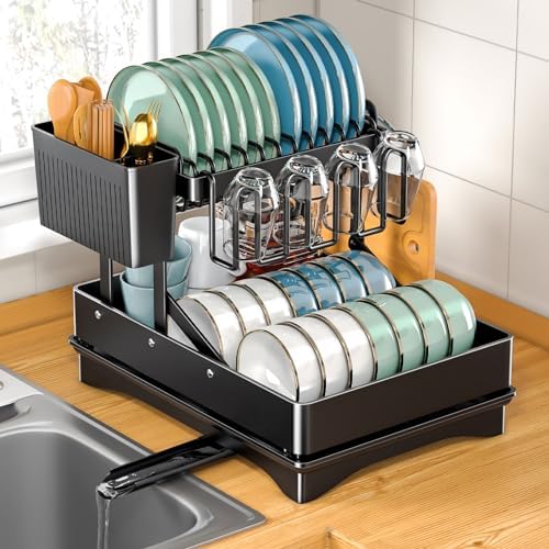 Scolapiatti Acciaio Nero Scolapiatti A 2 Livelli Per Cucina - In Acciaio Nero Con Vassoio Gocciolatoio E Portaposate Sgocciola Piatti Da Lavandino - Foto 9