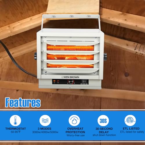 KEN BROWN 3000/4000/5000W Electric Garage Heater, 240v Hardwired Fan Forced Ceiling Mount Space