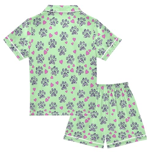 Footprint Love Pattern Summer Satin Pajama Set, Cute Button-Down Sleepwear Pj Set for Sleep Wears2