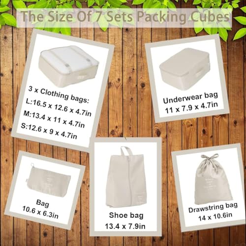 Image of Travel Packing Cubes 7 Pcs Compression Luggage Organiser (Beige)