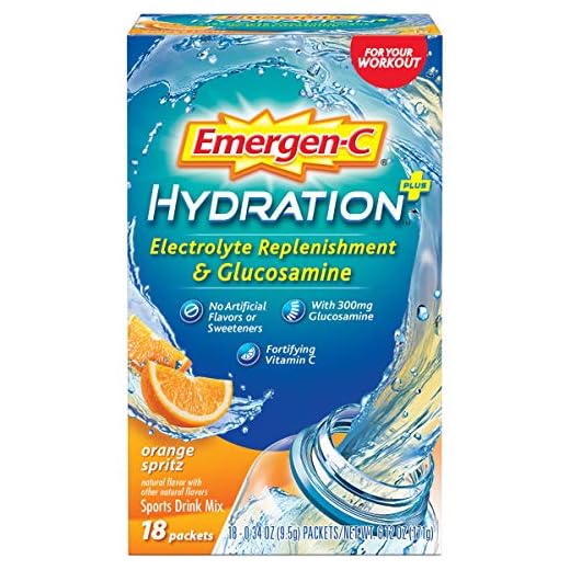 Emergen-C Hydration+ Sports Drink Mix with Vitamin C (18 Count, Orange Spritz Flavor with Glucosamine), Electrolyte Replenishment, 0.34 Ounce Powder Packets