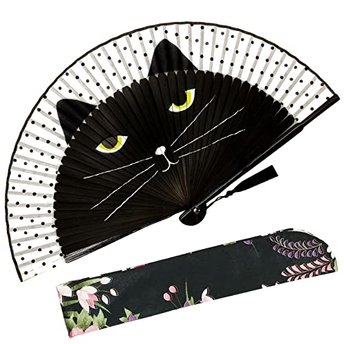 Zolee Small Folding Hand Fan - Chinese Japanese Vintage Bamboo Silk Fans - for Dance, Performance, Decoration, Wedding, Party, Gift (Black Cat) 0202