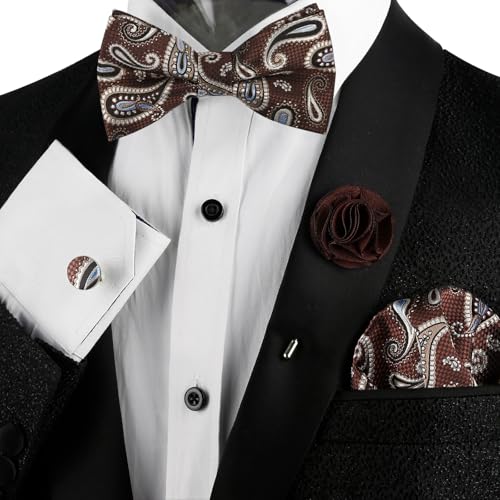 Image of Alizeal Mens 4pcs Vintage Paisley Bow Tie Set | Pre-tied Pocket Square Cufflinks Boutonniere for Wedding Everyday Use