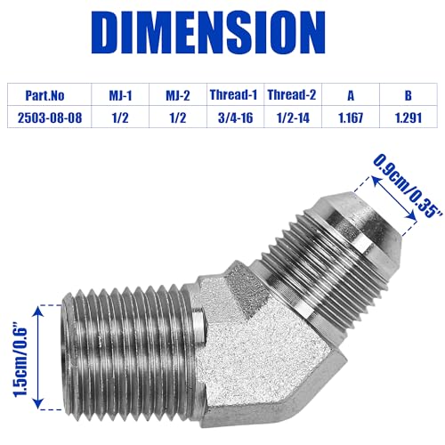Image of 2503-08-08 Hydraulic Pipe Fitting Replacement 1 /2 inch Male JIC X 1 /2 inch Male Pipe 45 Degree Elbow Adapter Carbon Steel, 3 /4 inch-16 SAE x 1 /2 inch-14 NPTF Thread, 1 /2 inch Male JIC x 1 /2 inch Male NPTF, 0.875 inch Flats