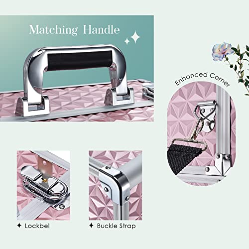 Joligrace Makeup Train Case Professional Cosmetic Organizer Aluminum Storage Box with 4 Adjustable Dividers Trays Lockable Portablewith Shoulder Strap - Neutral Pink by Joligrace - Image 3