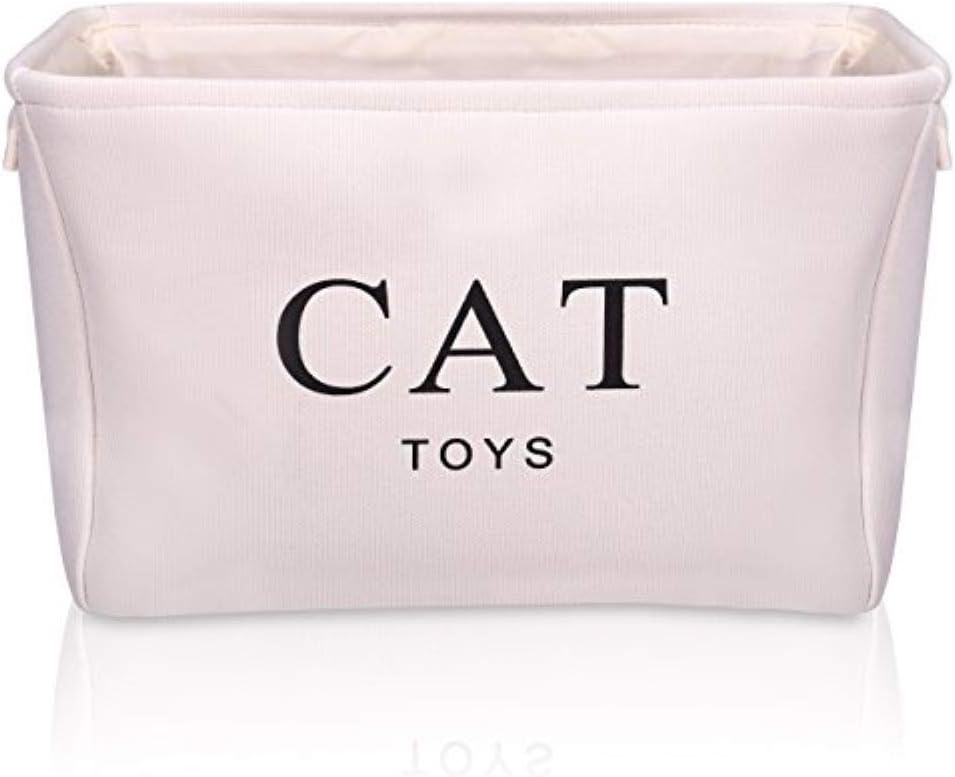 GUMEW White Canvas Cat Toy Basket Box for Cats Toy Storage. Size: 16in x 12.5ins x 7.5ins
