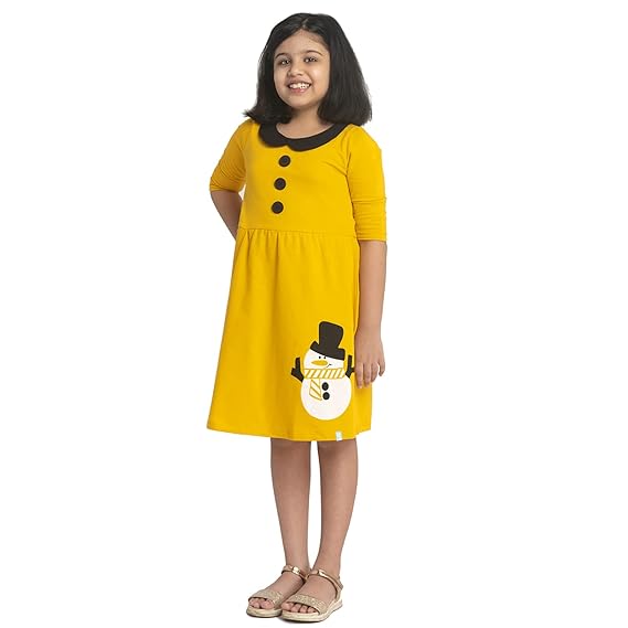 YouGotPlanB 100% Cotton Snowman Print Elbow Sleeve Winter Dress for Girl