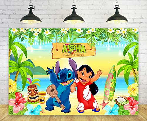 Hawaii Tropische Luau Hintergründe für Lilo und Stitch Geburtstag Party Dekorationen Supplies Stitch Baby Shower Fotohintergrund für Kuchen Tischdekorationen Happy Birthday Banner 1,5 x 0,9 m Cover