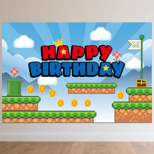 Toile de Fond Joyeux Anniversaire, 150x100cm Thème Jeux Vidéo Bannière d'anniversaire Mignonne à Suspendre pour Les Fêtes