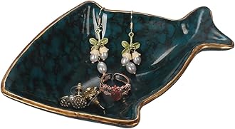 Vintage Tray Small Antique Trinket Dish Mini Holder,Rings Box with Animal Shape Design and Golden Trimming, Cute Rings Storage Organizer, Unique Gift, Aesthetic Room Decor (Agate Green-Fish)
