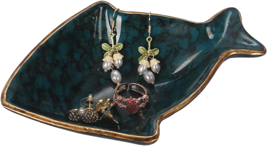 Vintage Tray Small Antique Trinket Dish Mini Holder,Rings Box with Animal Shape Design and Golden Trimming, Cute Rings Storage Organizer, Unique Gift, Aesthetic Room Decor (Agate Green-Fish)