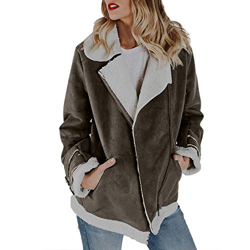 Rovinci_Women Faux Suede Warm Jacket Zipper Up Front Coat Solid Turn-Down Collar Outwear with Adjust Pockets Parka Outwear Gray