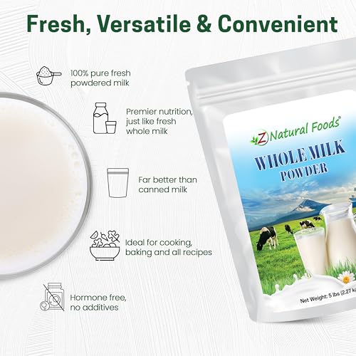Image of Z Natural Foods Premium Whole Milk Powder - Pasteurized Dry Milk, 5 lb | Pasteurized Whole Milk, Single Ingredient, Non-GMO, Gluten-Free, Kosher-Certified, For Baking, Cooking & Drinks