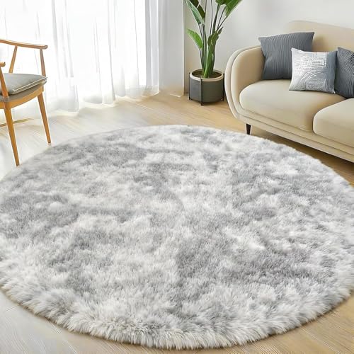 Homcomodar Hochflor Teppich Rund 160 cm Grau Wohnzimmer Schlafzimme Teppich...
