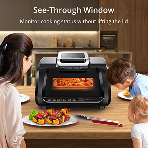 Indoor Grill Air Fryer Combo - 7-in-1 Smokeless Electric Air Grill with See-Through Window, Non-Stick Removable Plates, Even Heat, and Silicon Tongs - 4Qt, 1750W, Up to 450°F