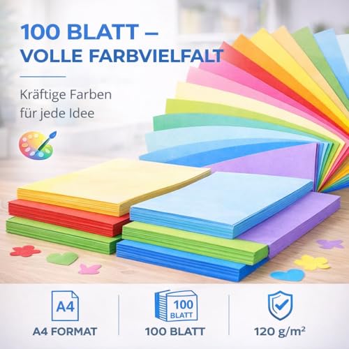 100x Buntes Papier A4 120 g/m² - Bastelpapier bunt - Buntpapier - Druckerpapier zum Basteln & Gestalten - Tonpapier & Tonkarton