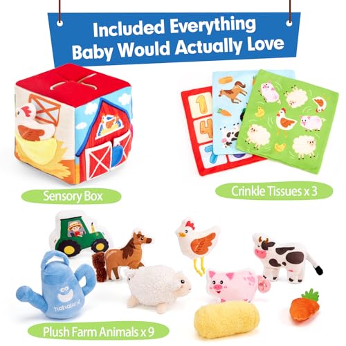 hahaland Baby Toys 6-12 Months - Mystery Soft Box with 12 Sensory Farm Animals Plush, Whats Inside Box with Rattle, Crinkle, Squeaker, Mirror, Montessori Toys for 6 Month Old Baby Stocking Stuffers - Image 9