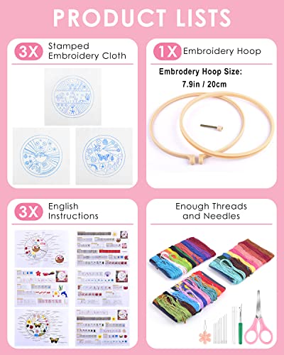 Image of TINDTOP 3 Pack Embroidery Stitch Practice kit, Animal Embroidery Kit for Beginners Include Embroidery Cloth Hoops Threads for Craft Lover Hand Stitch with Embroidery Skill Techniques