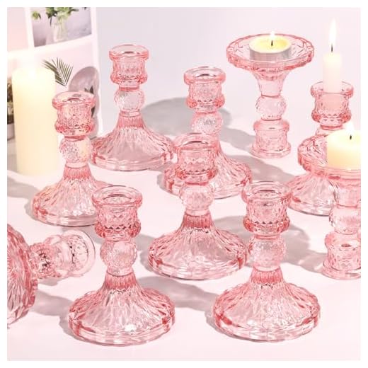 Simeitol Glass Candle Holder Set of 12, Pink Taper Candle Holders Bulk, Vintage Candlestick Holders, Candle Stick Holder for Table Centerpieces, Wedding & Mother's Day