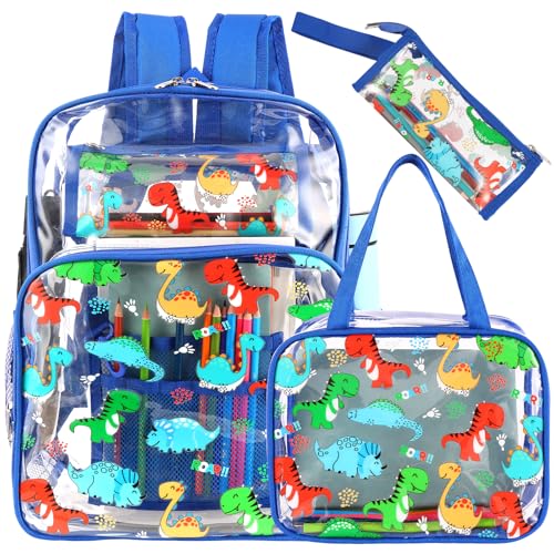 Kolewo4ever 3 Pieces Clear School Backpack Set Back to School Gift Blue Dinosaur Transparent Backpack with Lunch Bag and Pencil Pouch for Girl Boy Kid Heavy Duty Bookbags Middle School Travel Pack