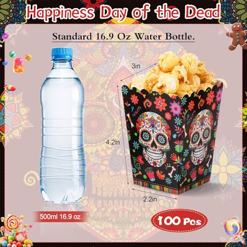 Image of MotiMind 100 Pcs Day of the Dead Popcorn Mini Box Halloween Sugar Skull Popcorn Containers Bulk Dia De Los Muertos Paper Treat Snack Candy Boxes for Dia De Los Muertos Halloween Themed Party Supplies