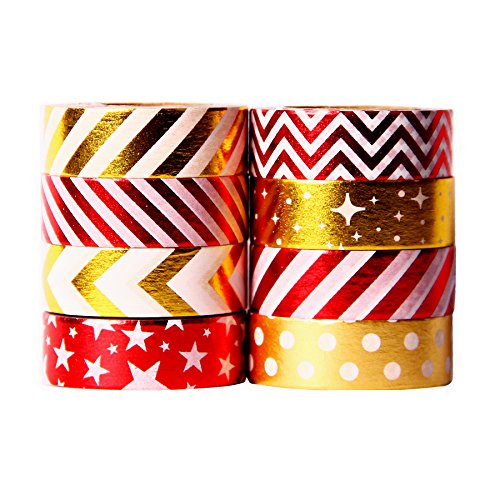 8 Rolls Washi Tape Set Gold and Red Decorative Masking Tape for Craft Scrapbooking Gift Wrap (Gold)