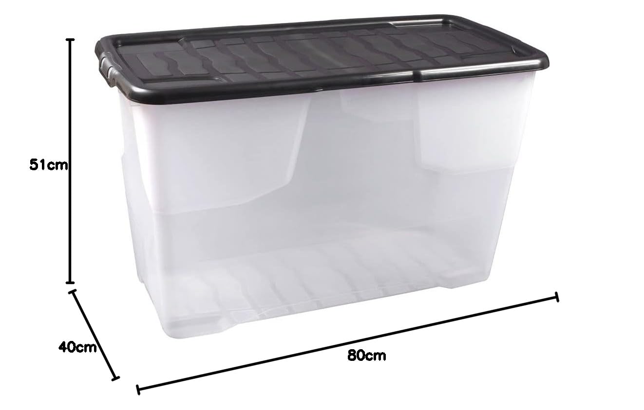 Strata Curve - Caja de almacenaje grande con tapa negra, 100 litros, 80 x 40 x 48 cm, transparente