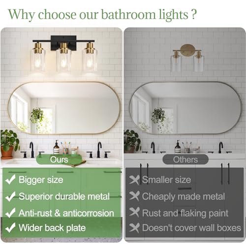 Image of Indoi 3-Light Bathroom Light Fixtures, Black and Gold Modern Vanity Lights with Clear Glass Shades, Bathroom Wall Lamp for Mirror Living Room Cabinet Bedroom Porch