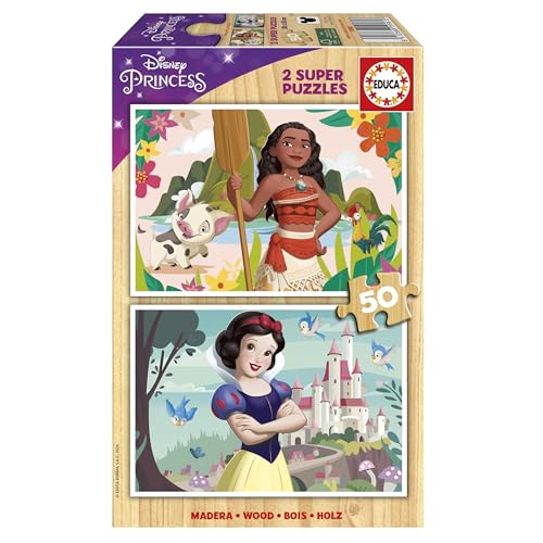 Educa - Disney Princess (Vaiana + Blancanieves) | Set de 2 Puzzles Infantiles de Madera con 50 Piezas Cada uno. Medidas: 28 x 20 cm. Recomendados a Partir de 5 años (19961)