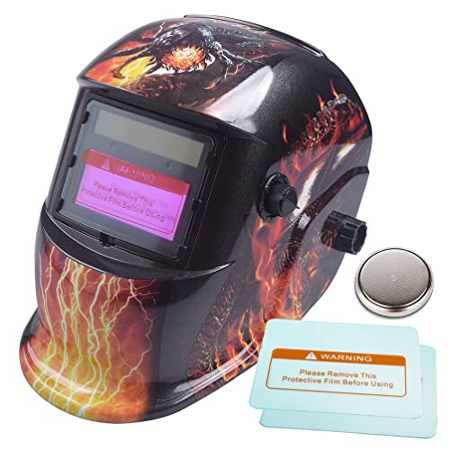 Image of iMeshbean Auto Darkening Welding Helmet Solar Powered Hood Mask Grinding with Replaceable Extra Lens ANSI Approved Eagle Design Color Blue Red Golden (Fire Monster)