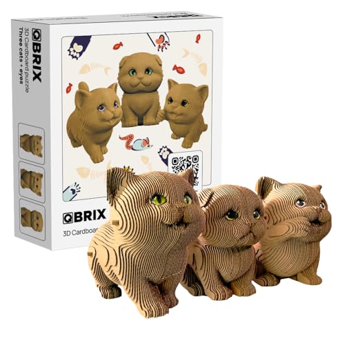 Image of QBRIX 3 Cats + Eyes 3D Puzzles for Adults, 3D Puzzles for Adults, 3D Model Kit for Teens, DIY Crafts for Home Decor, Original Gift for Boys&Girls 14+, Cardboard Model Building Kit