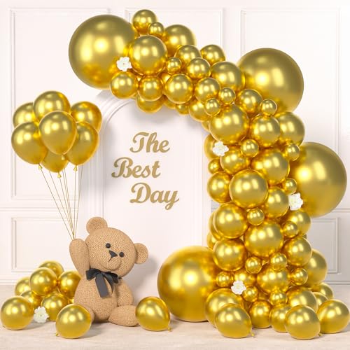 Image of 145pcs Metallic Gold Balloons Arch Kit Different Sizes of 18 12 10 5 Inch Chrome Gold Balloons Arch Kit for Baby Shower Gender Reveal Wedding Birthday Party Decorations